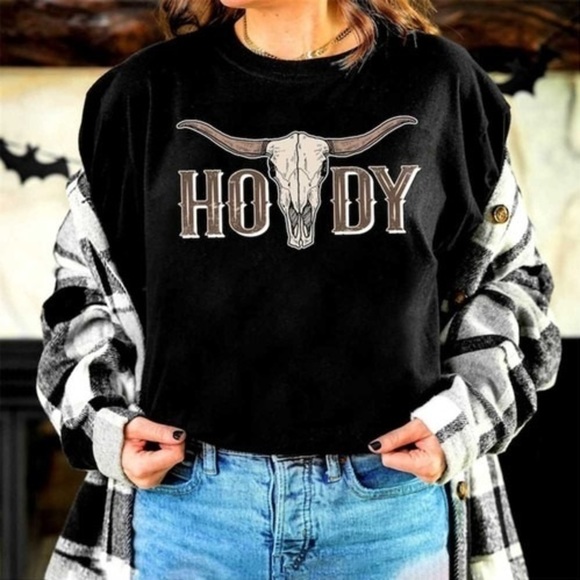 Julia A Other - Boho Cow Skull Shirt, Howdy Wild West Western Graphic Tee For Fans